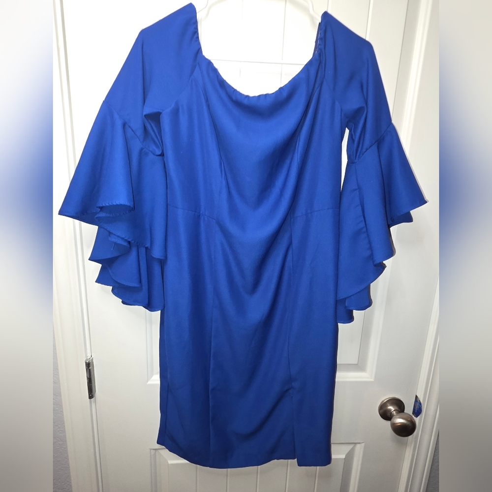Venus Vibrant Blue Off Or On The Shoulder Bell Statement Sleeve Dress 8 ♥️